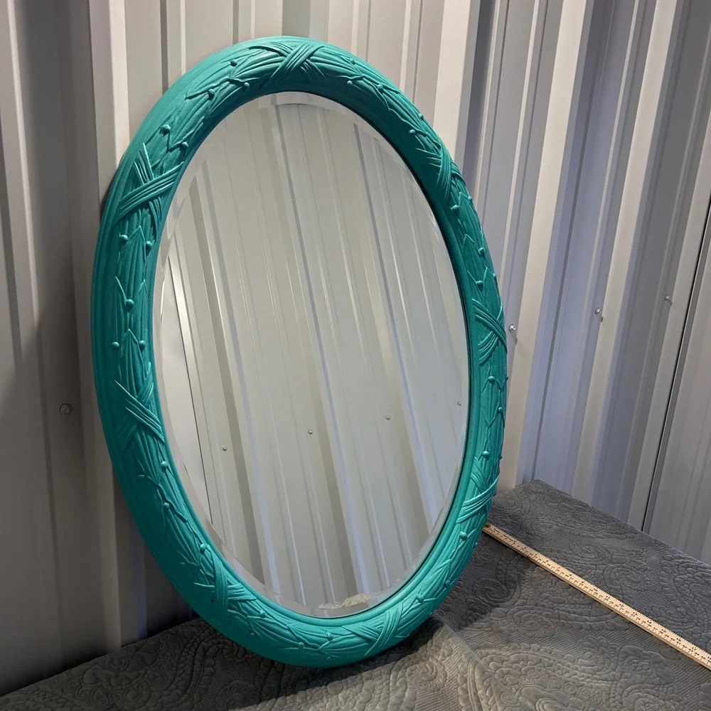 Large Turquoise Teal Oval Wall Mirror Beveled Woven Leaf Berry Frame 35x26